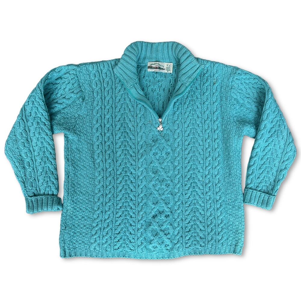 Vintage 100% Merino Wool Blue Sweater Quarter Zip | Aran Crafts | Size XL